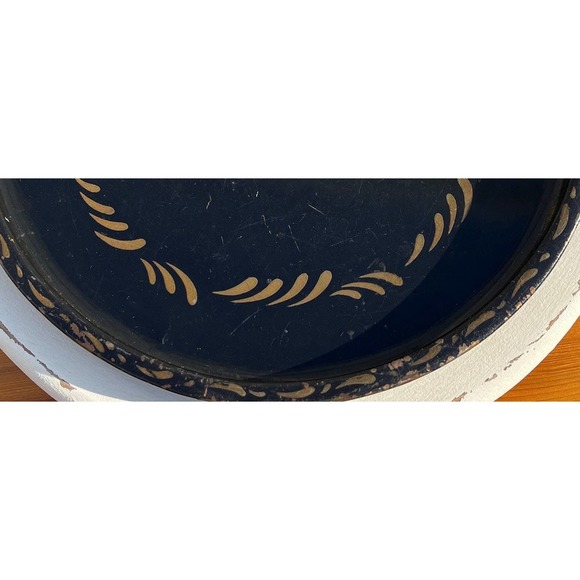 Round Black Gold Floral Hand-Painted Toleware Tray Serving Platter Wall Art - Picture 8 of 10